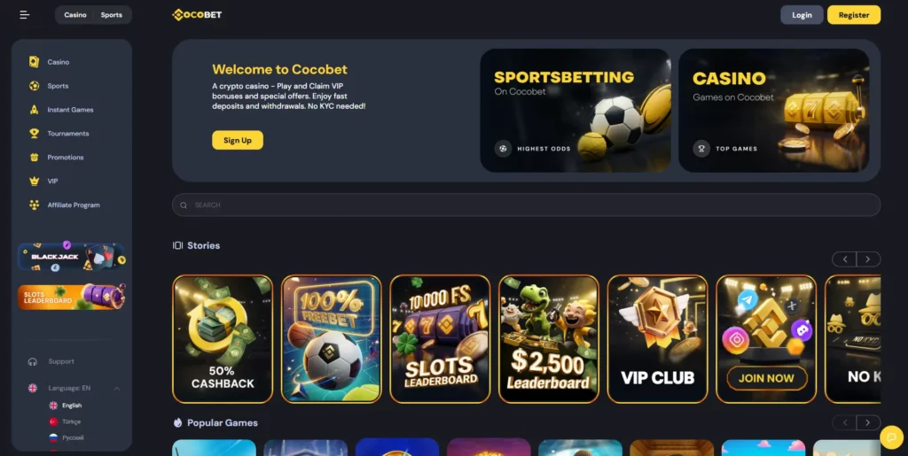 CocoBet crypto casino interface with game grid and promotions banner