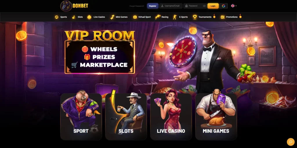 DonBet casino homepage featuring the Don mascot and welcome bonus