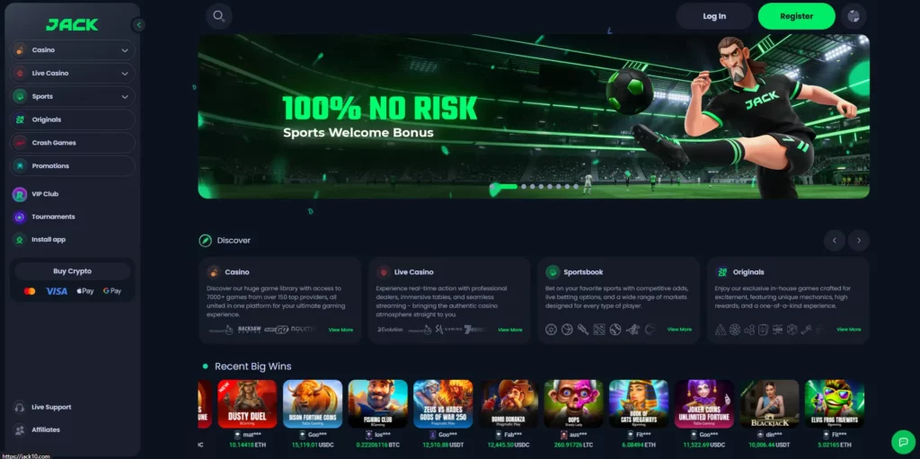 JACK casino interface displaying the sportsbook and casino sections