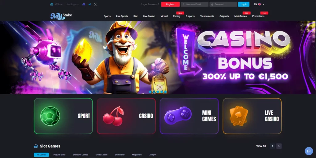 MyStake casino lobby showing game categories and navigation